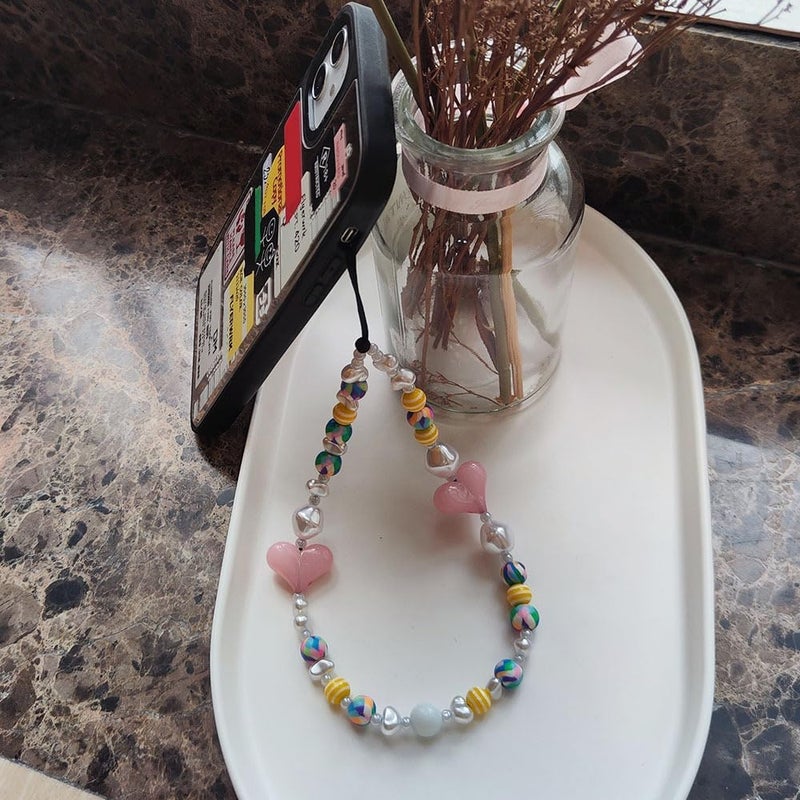 WCCH Beaded Phone Charm Y2K Kawaii Handmade Acrylic Phone Lanyard Wrist Strap for Camera Bag Airpods Keychain Charm Pink Heart - Image 4
